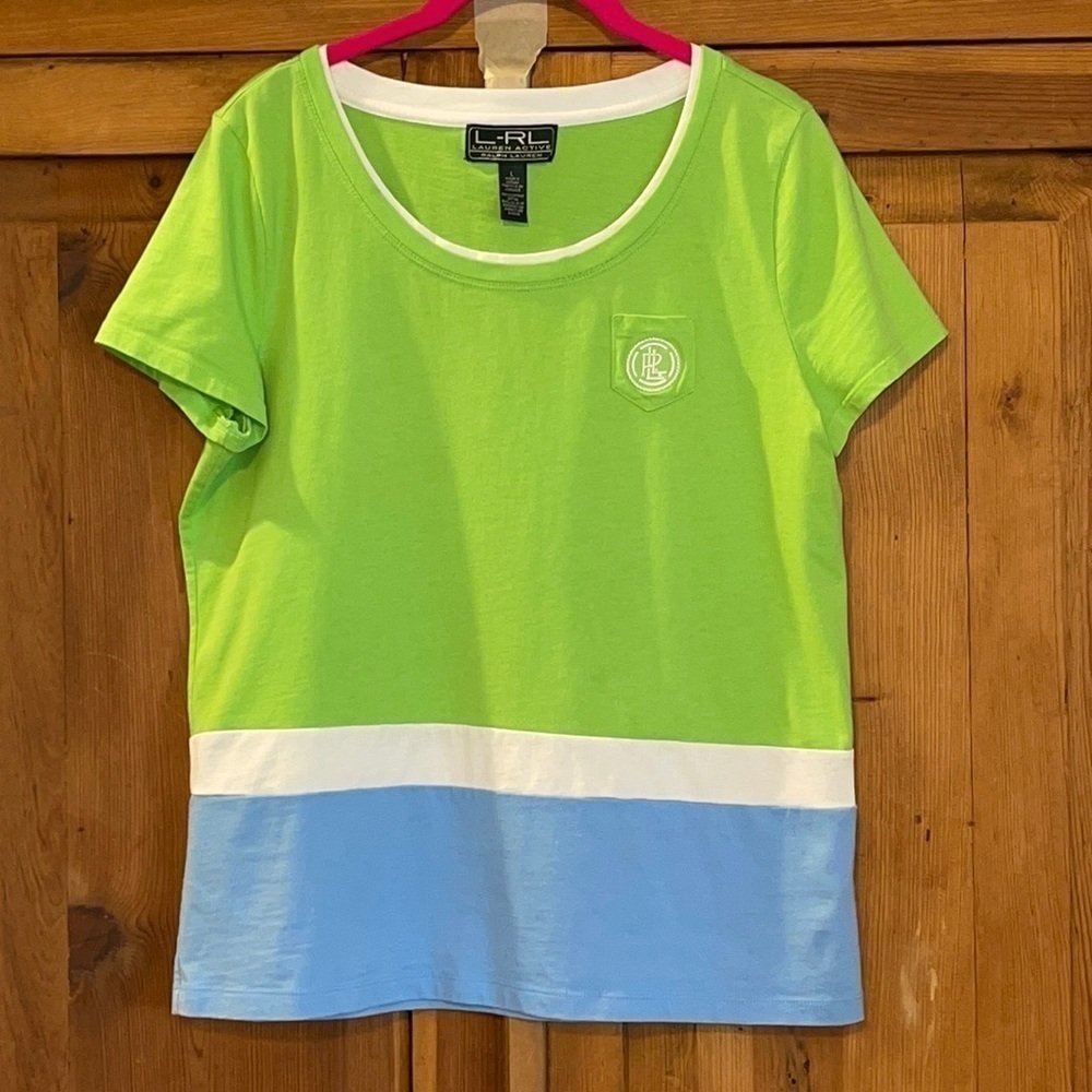 Lauren Ralph Lauren Active Pocket T Shirt Green & Blue Sz. L